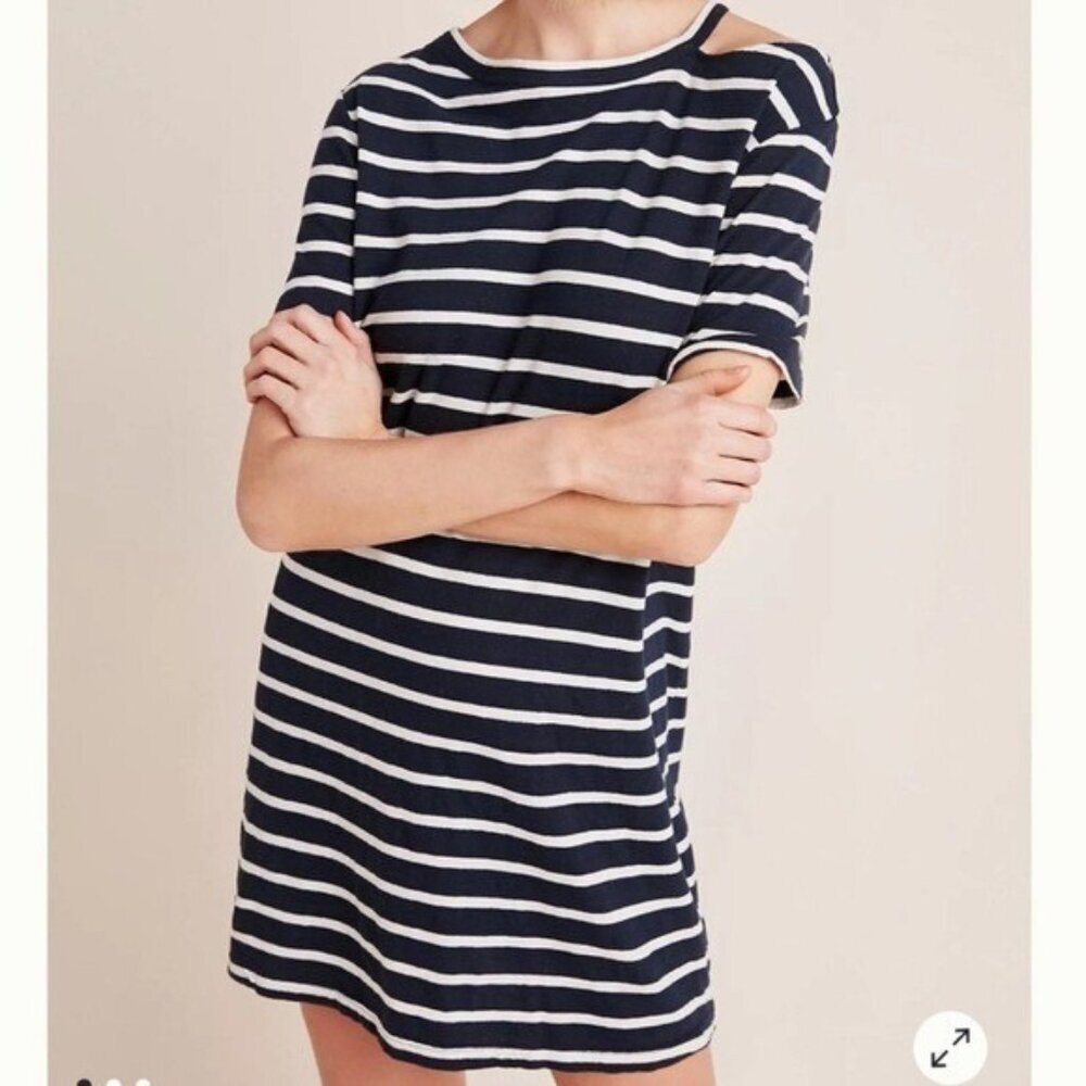 NWT Monrow Stripe Striped Navy Blue White Cutout T-Shirt Mini Dress Size Small